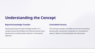 Understanding the Concept
Beyond Knowledge Transfer
Teaching goes beyond simple knowledge transfer; it's a
complex process that facilitates and influences learning. Micro-
teaching aims to modify teachers' behavior to meet specific
objectives.
Controlled Practice
This technique provides a controlled environment for practicing
teaching skills, reducing the complexities of a real classroom
setting. It allows for focused feedback and improvement.
 