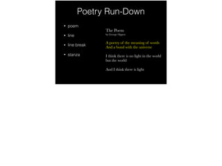 Poetry Run-Down
• poem
• line
• line break
• stanza
The Poem
by George Oppen
A poetry of the meaning of words
And a bond with the universe
I think there is no light in the world
but the world
And I think there is light
 