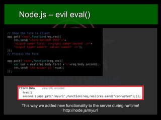 Node.js – evil eval()

This way we added new functionality to the server during runtime!
http://node.js/myurl

 