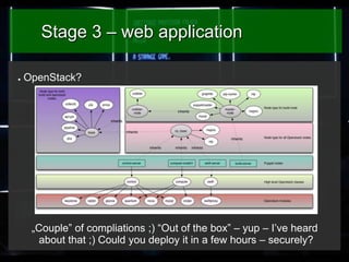 Stage 3 – web application
●

OpenStack?

„Couple” of compliations ;) “Out of the box” – yup – I’ve heard
about that ;) Cou...