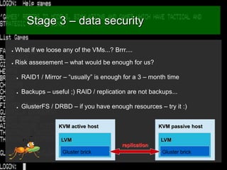 Stage 3 – data security
●

What if we loose any of the VMs...? Brrr....

●

Risk assesement – what would be enough for us?...