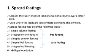 1. Spread footings
Spreads the super-imposed load of a wall or a column over a larger
area.
Used where the loads are light or there are strong shallow soils.
Spread footing may be of the following types –
1) Single column footing
2) Stepped column footing Pad footing
3) Slopped column footing
4) Simple Wall footing strip footing
5) Stepped wall footing
6) Grillage foundation