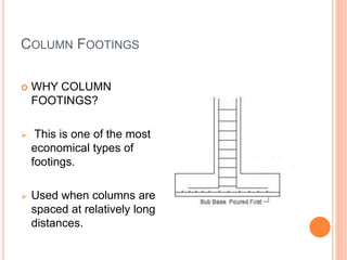COLUMN FOOTINGS
 WHY COLUMN
FOOTINGS?
 This is one of the most
economical types of
footings.
 Used when columns are
spaced at relatively long
distances.
 