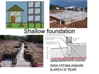 Shallow foundation

NIDA FATIMA ANSARI
B.ARCH III YEAR

 