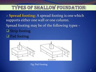  Spread footing: A spread footing is one which
supports either one wall or one column.
Spread footing may be of the following types –
 Strip footing
 Pad footing
Fig: Pad Footing
5
 