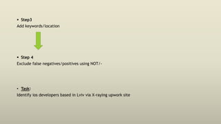  Step3
Add keywords/location
 Step 4
Exclude false negatives/positives using NOT/-
• Task:
Identify ios developers based in Lviv via X-raying upwork site
 
