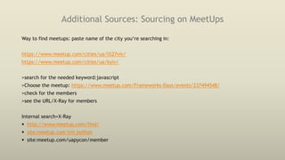 Additional Sources: Sourcing on MeetUps
Way to find meetups: paste name of the city you‘re searching in:
https://www.meetup.com/cities/ua/l%27viv/
https://www.meetup.com/cities/ua/kyiv/
>search for the needed keyword:javascript
>Choose the meetup: https://www.meetup.com/Frameworks-Days/events/237494548/
>check for the members
>see the URL/X-Ray for members
Internal search+X-Ray
 http://www.meetup.com/find/
 site:meetup.com lviv python
 site:meetup.com/uapycon/member
 