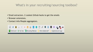 What's in your recruiting/sourcing toolbox?
Email extractors. 2 coolest Github hacks to get the emails
Browser extensions.
Contact info/People aggregators.
 