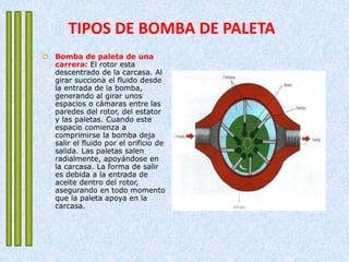 TIPOS DE BOMBA DE PALETA
 Bomba de paleta de una
carrera: El rotor esta
descentrado de la carcasa. Al
girar succiona el fluido desde
la entrada de la bomba,
generando al girar unos
espacios o cámaras entre las
paredes del rotor, del estator
y las paletas. Cuando este
espacio comienza a
comprimirse la bomba deja
salir el fluido por el orificio de
salida. Las paletas salen
radialmente, apoyándose en
la carcasa. La forma de salir
es debida a la entrada de
aceite dentro del rotor,
asegurando en todo momento
que la paleta apoya en la
carcasa.
 