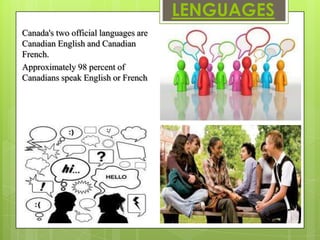 LENGUAGES
Canada's two official languages are
Canadian English and Canadian
French.
Approximately 98 percent of
Canadians speak English or French
 