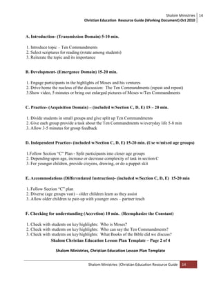 Shalom Ministries
Christian Education Resource Guide (Working Document) Oct 2010
14
Shalom Ministries |Christian Education Resource Guide 14
A. Introduction- (Transmission Domain) 5-10 min.
1. Introduce topic – Ten Commandments
2. Select scriptures for reading (rotate among students)
3. Reiterate the topic and its importance
B. Development- (Emergence Domain) 15-20 min.
1. Engage participants in the highlights of Moses and his ventures
2. Drive home the nucleus of the discussion: The Ten Commandments (repeat and repeat)
3.Show video, 5 minutes or bring out enlarged pictures of Moses w/Ten Commandments
C. Practice- (Acquisition Domain) – (included w/Section C, D, E) 15 – 20 min.
1. Divide students in small groups and give split up Ten Commandments
2. Give each group provide a task about the Ten Commandments w/everyday life 5-8 min
3. Allow 3-5 minutes for group feedback
D. Independent Practice- (included w/Section C, D, E) 15-20 min. (Use w/mixed age groups)
1.Follow Section “C” Plan - Split participants into closer age groups
2. Depending upon age, increase or decrease complexity of task in section C
3. For younger children, provide crayons, drawing, or do a puppet skit
E. Accommodations (Differentiated Instruction)- (included w/Section C, D, E) 15-20 min
1. Follow Section “C” plan
2. Diverse (age groups vast) – older children learn as they assist
3. Allow older children to pair-up with younger ones – partner teach
F. Checking for understanding (Accretion) 10 min. (Reemphasize the Constant)
1. Check with students on key highlights: Who is Moses?
2. Check with students on key highlights: Who can say the Ten Commandments?
3. Check with students on key highlights: What Books of the Bible did we discuss?
Shalom Christian Education Lesson Plan Template – Page 2 of 4
Shalom Ministries, Christian Education Lesson Plan Template
 