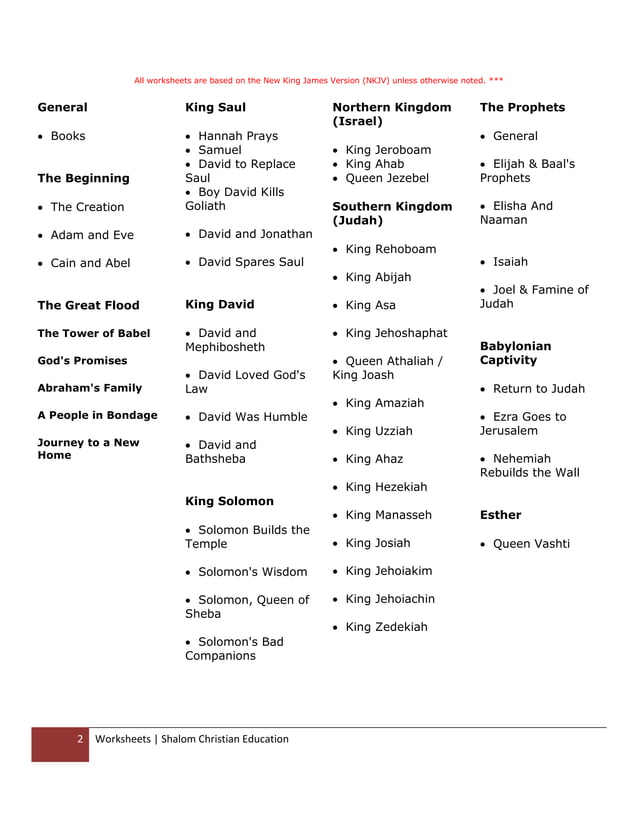 Shalom christian education the books of the old testament worksheets | PDF