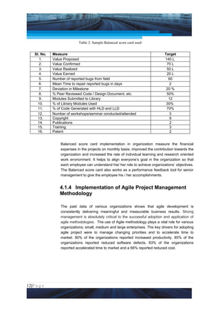 Project Management National Conference 2011                                       PMI India



                            Table 2: Sample Balanced score card used


    Sl. No.   Measure                                                           Target
       1.     Value Proposed                                                    140 L
       2.     Value Confirmed                                                    70 L
       3.     Value Realized                                                     50 L
       4.     Value Earned                                                       20 L
       5.     Number of reported bugs from field                                  60
       6.     Mean Time to repair reported bugs in days                            2
       7.     Deviation in Milestone                                             20 %
       8.     % Peer Reviewed Code / Design Document, etc.                       50%
       9.     Modules Submitted to Library                                        12
      10.     % of Library Modules Used                                          30%
      11.     % of Code Generated with HLD and LLD                               70%
      12.     Number of workshops/seminar conducted/attended                       3
      13.     Copyright                                                            9
      14.     Publications                                                         2
      15.     Training                                                             3
      16.     Patent                                                               2


                  Balanced score card implementation in organization measure the financial
                  expenses in the projects on monthly basis, improved the contribution towards the
                  organization and increased the rate of individual learning and research oriented
                  work environment. It helps to align everyone’s goal in the organization so that
                  each employee can understand his/ her role to achieve organizations’ objectives.
                  The Balanced score card also works as a performance feedback tool for senior
                  management to give the employee his / her accomplishments.


                  4.1.4 Implementation of Agile Project Management
                  Methodology

                  The past data of various organizations shows that agile development is
                  consistently delivering meaningful and measurable business results. Strong
                  management is absolutely critical to the successful adoption and application of
                  agile methodologies. The use of Agile methodology plays a vital role for various
                  organizations; small, medium and large enterprises. The key drivers for adopting
                  agile project were to manage changing priorities and to accelerate time to
                  market. 90% of the organizations reported increased productivity. 85% of the
                  organizations reported reduced software defects. 83% of the organizations
                  reported accelerated time to market and a 66% reported reduced cost.




12|P a g e
 Application of Select Tools of Psychology for Effective Project Management
 