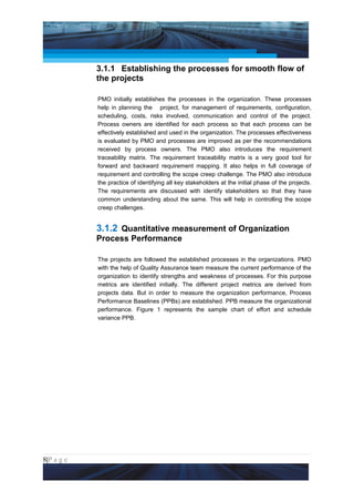 Project Management National Conference 2011                                           PMI India




                 3.1.1 Establishing the processes for smooth flow of
                 the projects

                 PMO initially establishes the processes in the organization. These processes
                 help in planning the project, for management of requirements, configuration,
                 scheduling, costs, risks involved, communication and control of the project.
                 Process owners are identified for each process so that each process can be
                 effectively established and used in the organization. The processes effectiveness
                 is evaluated by PMO and processes are improved as per the recommendations
                 received by process owners. The PMO also introduces the requirement
                 traceability matrix. The requirement traceability matrix is a very good tool for
                 forward and backward requirement mapping. It also helps in full coverage of
                 requirement and controlling the scope creep challenge. The PMO also introduce
                 the practice of identifying all key stakeholders at the initial phase of the projects.
                 The requirements are discussed with identify stakeholders so that they have
                 common understanding about the same. This will help in controlling the scope
                 creep challenges.


                 3.1.2 Quantitative measurement of Organization
                 Process Performance

                 The projects are followed the established processes in the organizations. PMO
                 with the help of Quality Assurance team measure the current performance of the
                 organization to identify strengths and weakness of processes. For this purpose
                 metrics are identified initially. The different project metrics are derived from
                 projects data. But in order to measure the organization performance, Process
                 Performance Baselines (PPBs) are established. PPB measure the organizational
                 performance. Figure 1 represents the sample chart of effort and schedule
                 variance PPB.




8|P a g e
 Application of Select Tools of Psychology for Effective Project Management
 