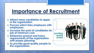 Importance of Recruitment







Attract more candidates to apply
in the organization.
Process which links employers with
employees.
Increase the pool of candidates for
job at minimum cost.
Determine present and future
requirements of the organization
with proper planning.
To provide good quality people to
the organization.

 