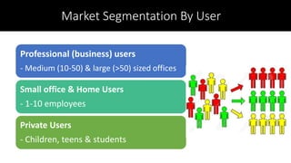 Market Segmentation By User
Professional (business) users
- Medium (10-50) & large (>50) sized offices
Small office & Home Users
- 1-10 employees
Private Users
- Children, teens & students
 