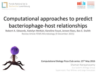 Shaman Narayanasamy
Eco-Systems Biology Group
Supervisors: Paul Wilmes and Jorge Goncalves
PHD-2014-1/7934898
Computational approaches to predict
bacteriophage-host relationships
Robert A. Edwards, Katelyn McNair, Karoline Faust, Jeroen Raes, Bas E. Dulith
Review Article FEMS Microbiology (9 December 2015)
Computational Biology Pizza Club series: 25th May 2016
 