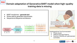 15
Domain adaptation of Generative BART model when high-quality
training data is missing
Autobiographical Text Summarization
● Privacy issues
● Different language Patterns
● Scarcity of records and gold-standard
summaries
● BART transformer - generate text
● Works well for generation benchmarks
● Sequence-to-Sequence architecture
RQ3
 