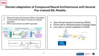 20
Domain adaptation of Compound Neural Architectures with Several
Pre-trained SSL Models.
● Retrieval Augment Generation (RAG) model (Meta)
● Combines the information retrieval and seq2seq
generation
● DPR neural retriever and BART generator
RQ4
● Open Domain Question Answering (ODQA)
● Works well for Wikipedia-based knowledge bases
● Less work on domain adaptation of ODQA
 