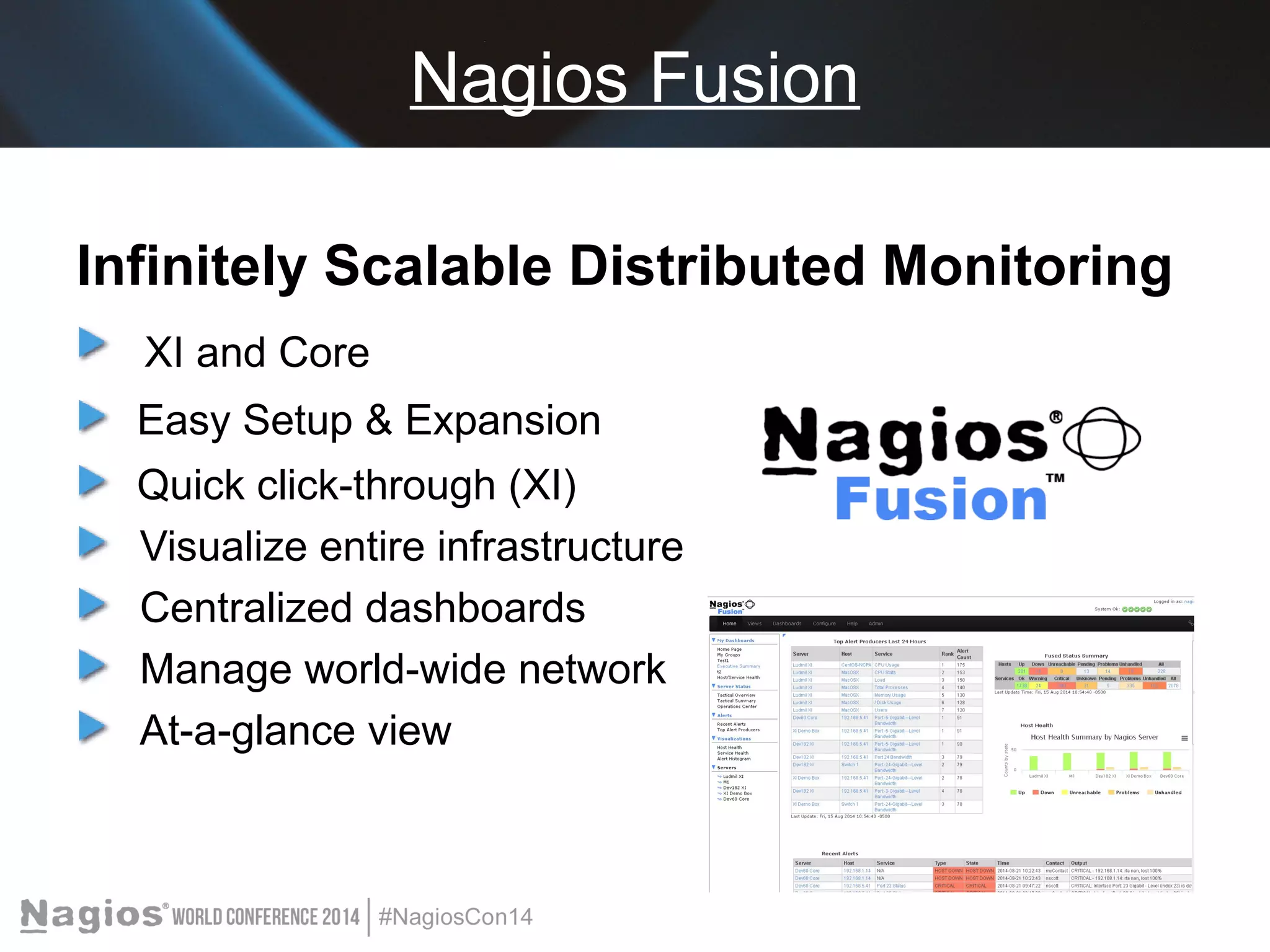 Nagios Fusion 
Infinitely Scalable Distributed Monitoring 
XI and Core 
Easy Setup & Expansion 
Quick click-through (XI) 
Visualize entire infrastructure 
Centralized dashboards 
Manage world-wide network 
At-a-glance view 
 