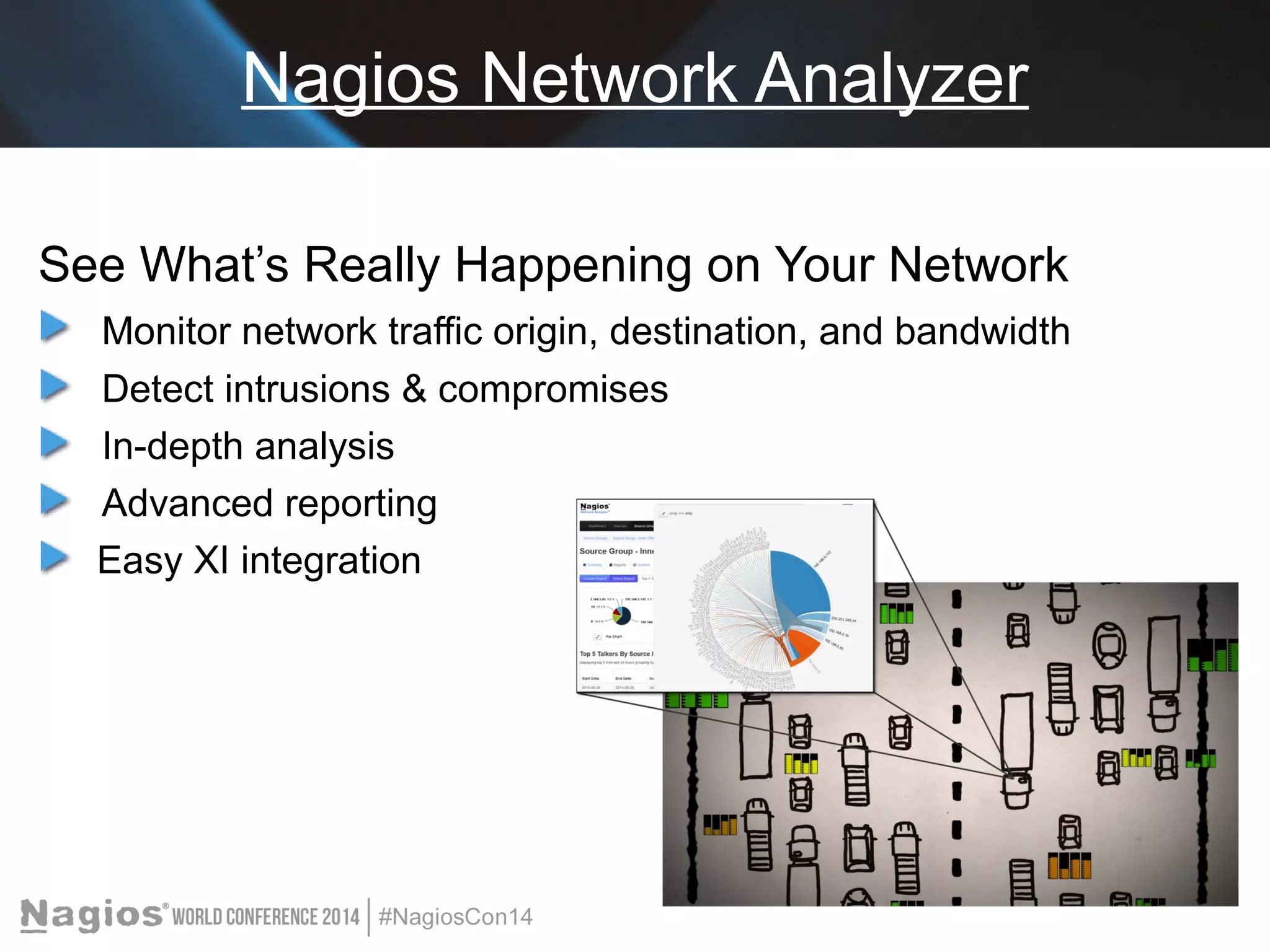 Nagios Network Analyzer 
See What’s Really Happening on Your Network 
Monitor network traffic origin, destination, and bandwidth 
Detect intrusions & compromises 
In-depth analysis 
Advanced reporting 
Easy XI integration 
 