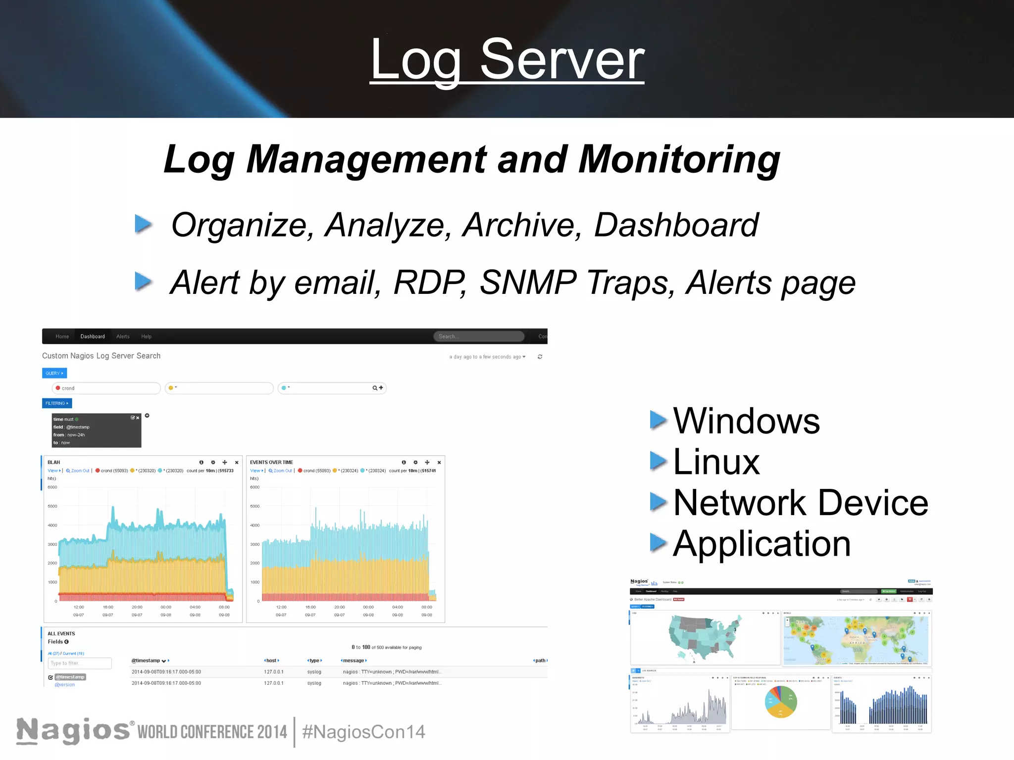Log Server 
Log Management and Monitoring 
Organize, Analyze, Archive, Dashboard 
Alert by email, RDP, SNMP Traps, Alerts page 
Windows 
Linux 
Network Device 
Application 
 