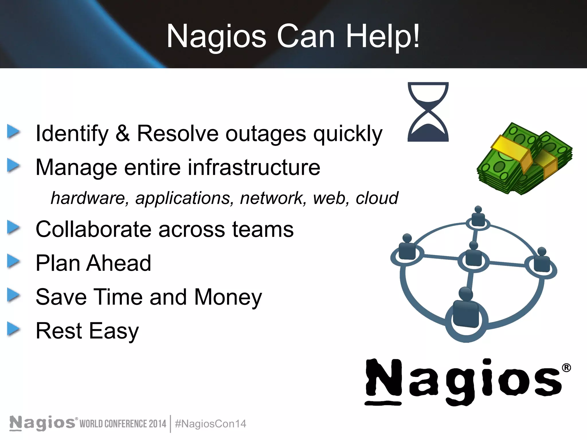 Nagios Can Help! 
Identify & Resolve outages quickly 
Manage entire infrastructure 
hardware, applications, network, web, cloud 
Collaborate across teams 
Plan Ahead 
Save Time and Money 
Rest Easy 
 
