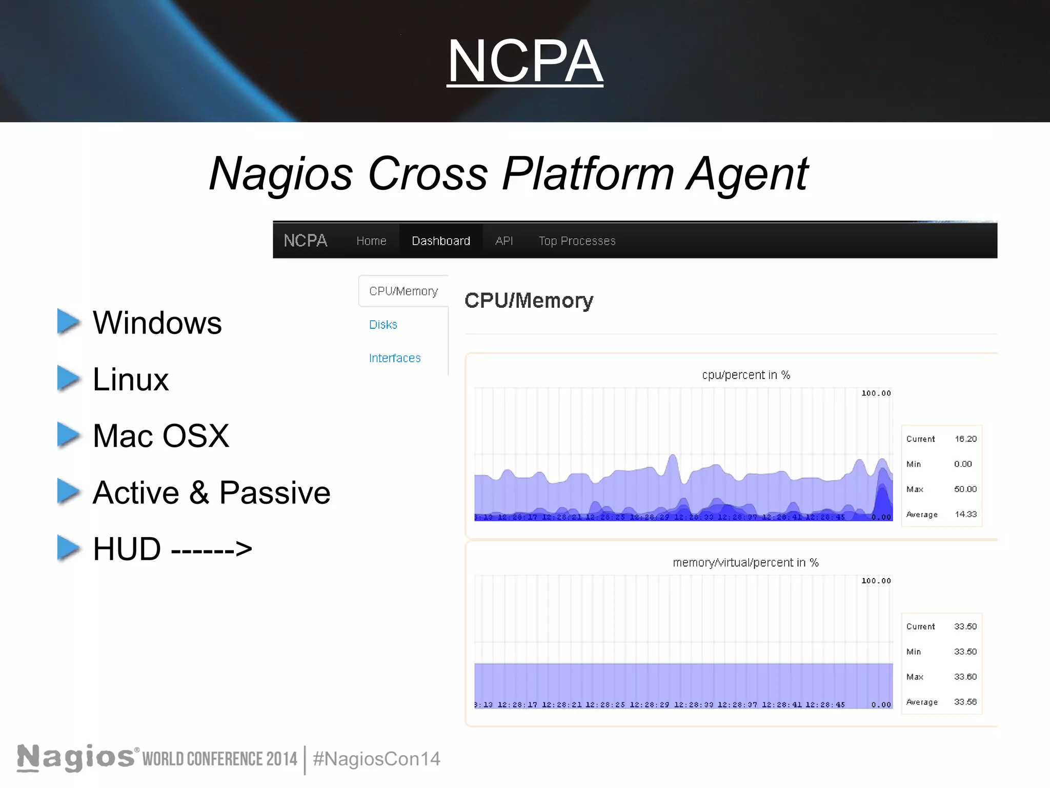 NCPA 
Nagios Cross Platform Agent 
Windows 
Linux 
Mac OSX 
Active & Passive 
HUD ------> 
 
