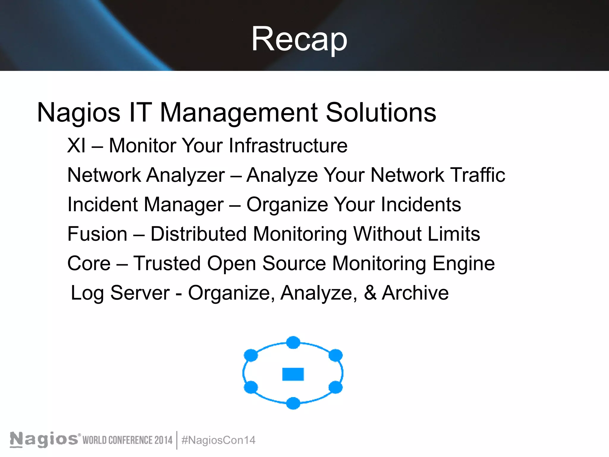 Recap 
Nagios IT Management Solutions 
XI – Monitor Your Infrastructure 
Network Analyzer – Analyze Your Network Traffic 
Incident Manager – Organize Your Incidents 
Fusion – Distributed Monitoring Without Limits 
Core – Trusted Open Source Monitoring Engine 
Log Server - Organize, Analyze, & Archive 
 