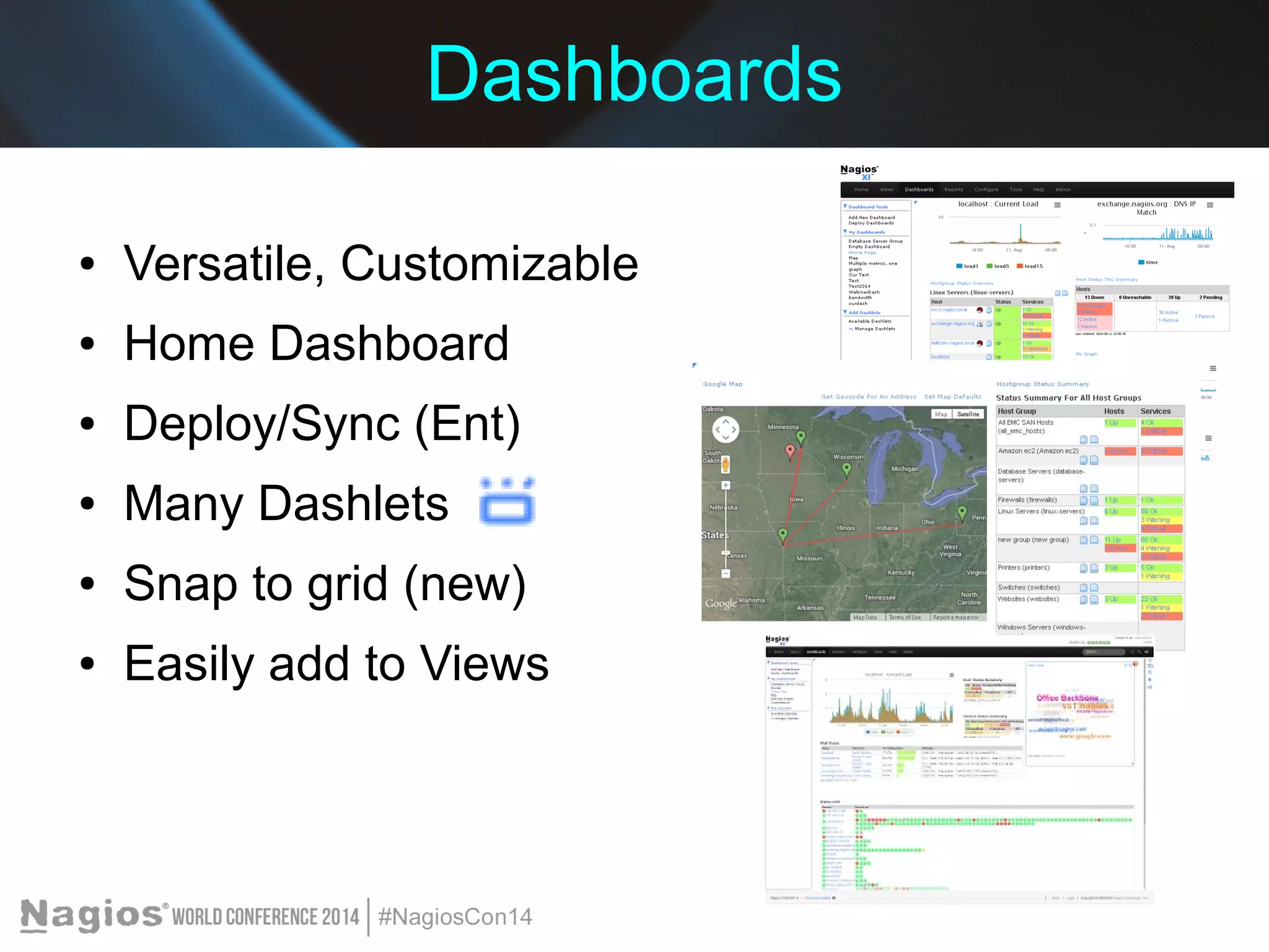 Dashboards 
● Versatile, Customizable 
● Home Dashboard 
● Deploy/Sync (Ent) 
● Many Dashlets 
● Snap to grid (new) 
● Easily add to Views 
 