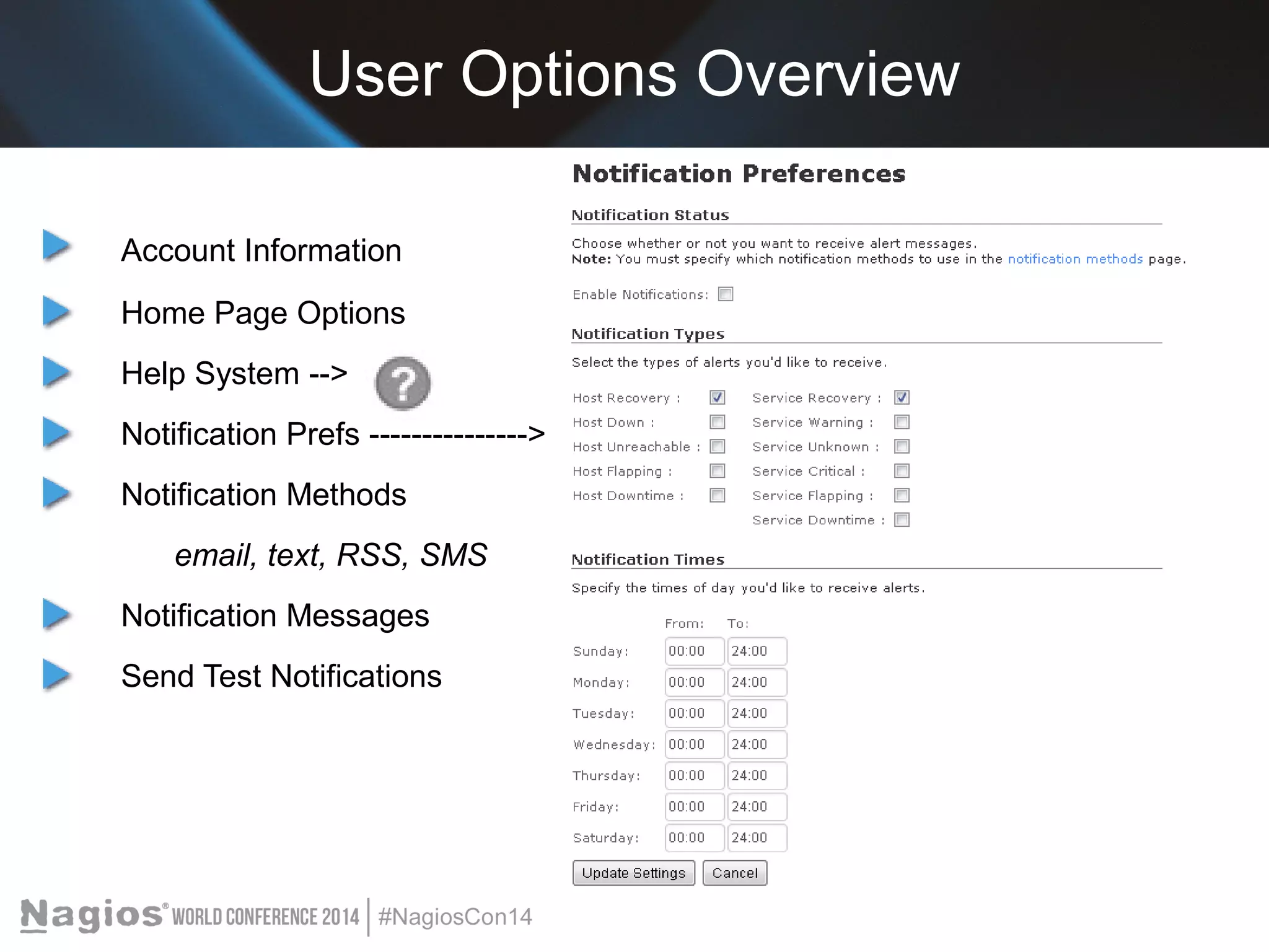 User Options Overview 
Account Information 
Home Page Options 
Help System --> 
Notification Prefs ---------------> 
Notification Methods 
email, text, RSS, SMS 
Notification Messages 
Send Test Notifications 
 