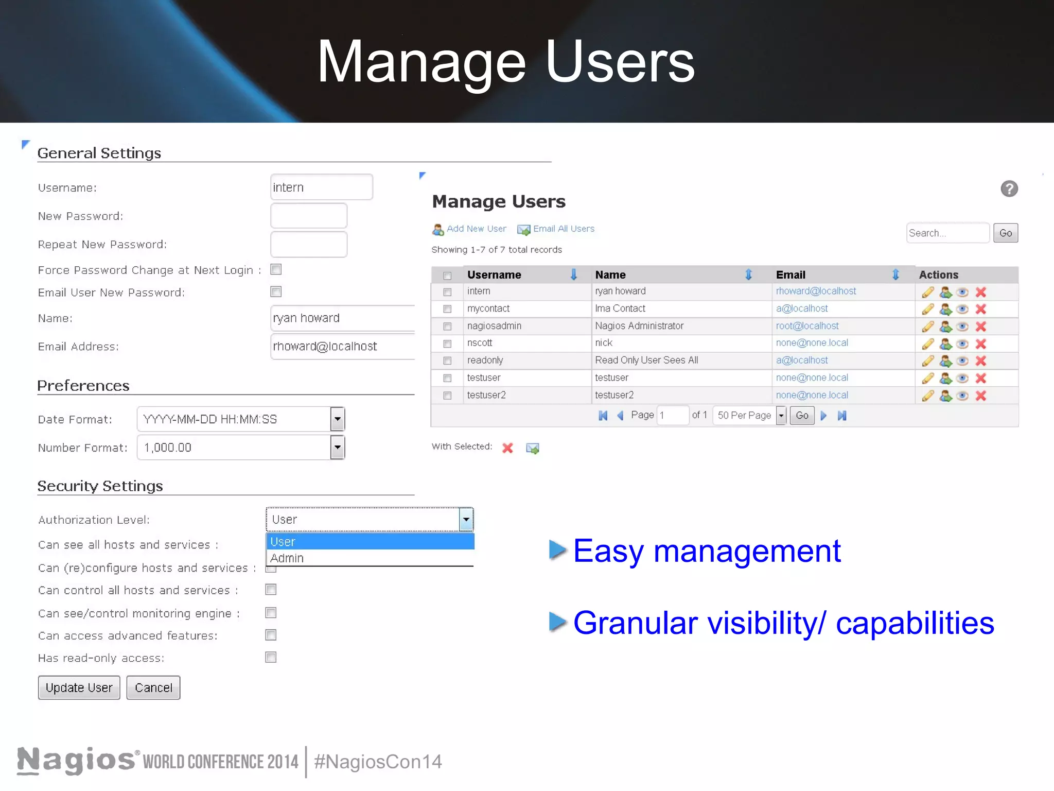 Manage Users 
Easy management 
Granular visibility/ capabilities 
 