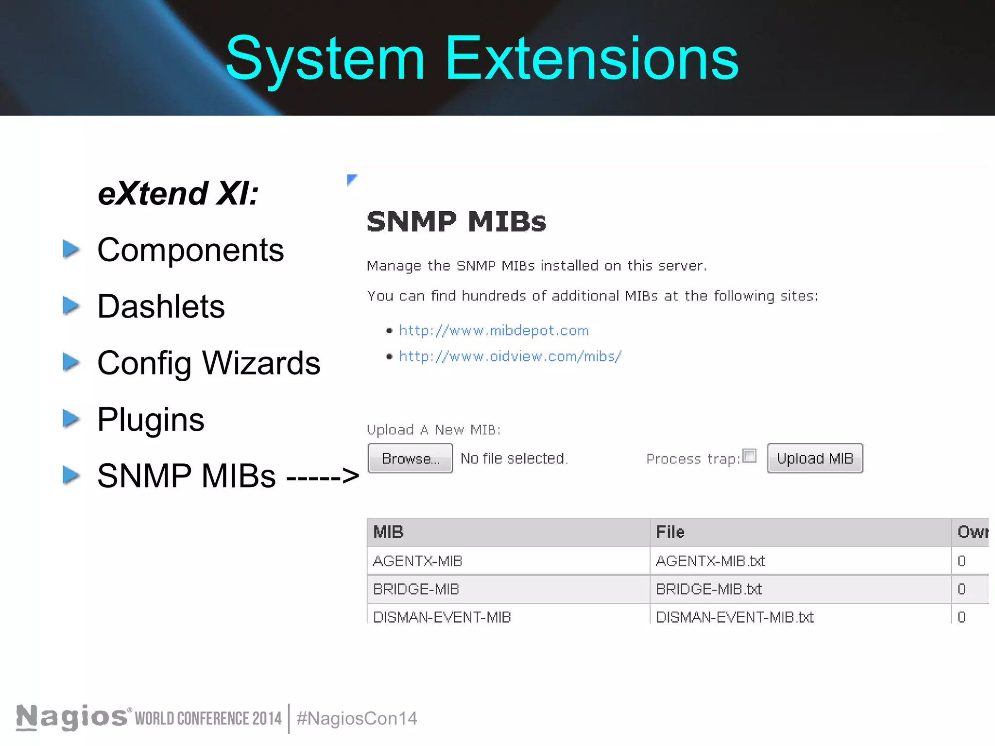 System Extensions 
eXtend XI: 
Components 
Dashlets 
Config Wizards 
Plugins 
SNMP MIBs -----> 
 
