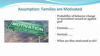Assumption: Families are Motivated
 Probability of behavior change
or movement toward or against
goal
 Extrinsic…….
 Intrinsic ……
 What are they motivated to do?
 