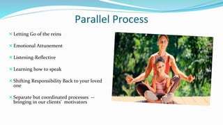 Parallel Process
Letting Go of the reins
Emotional Attunement
Listening-Reflective
Learning how to speak
Shifting Responsibility Back to your loved
one
Separate but coordinated processes --
bringing in our clients’ motivators
 