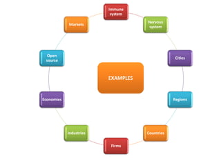 Immune
system
Nervous
system
Cities
Regions
Countries
Firms
Industries
Economies
Open
source
Markets
EXAMPLES
 