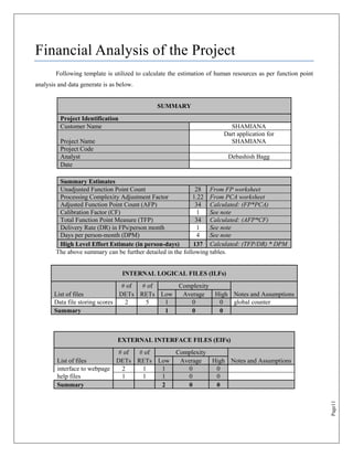 Financial Analysis of the Project
        Following template is utilized to calculate the estimation of human resources as per function point
analysis and data generate is as below.


                                               SUMMARY
          Project Identification
          Customer Name                                                   SHAMIANA
                                                                        Dart application for
          Project Name                                                    SHAMIANA
          Project Code
          Analyst                                                         Debashish Bagg
          Date

         Summary Estimates
         Unadjusted Function Point Count                      28 From FP worksheet
         Processing Complexity Adjustment Factor             1.22 From PCA worksheet
         Adjusted Function Point Count (AFP)                  34 Calculated: (FP*PCA)
         Calibration Factor (CF)                               1   See note
         Total Function Point Measure (TFP)                   34 Calculated: (AFP*CF)
         Delivery Rate (DR) in FPs/person month                1   See note
         Days per person-month (DPM)                           4   See note
         High Level Effort Estimate (in person-days)         137 Calculated: (TFP/DR) * DPM
        The above summary can be further detailed in the following tables.


                                   INTERNAL LOGICAL FILES (ILFs)
                                 # of # of    Complexity
       List of files            DETs RETs Low  Average   High Notes and Assumptions
       Data file storing scores   2    5   1      0       0   global counter
       Summary                             1      0       0



                                EXTERNAL INTERFACE FILES (EIFs)
                              # of # of    Complexity
        List of files        DETs RETs Low  Average   High Notes and Assumptions
        interface to webpage   2    1   1      0       0
        help files             1    1   1      0       0
        Summary                         2      0       0
                                                                                                              Page11
 