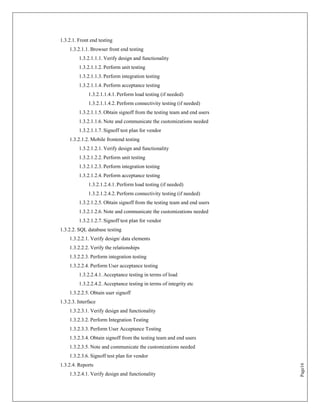 1.3.2.1. Front end testing
    1.3.2.1.1. Browser front end testing
         1.3.2.1.1.1. Verify design and functionality
         1.3.2.1.1.2. Perform unit testing
         1.3.2.1.1.3. Perform integration testing
         1.3.2.1.1.4. Perform acceptance testing
              1.3.2.1.1.4.1. Perform load testing (if needed)
              1.3.2.1.1.4.2. Perform connectivity testing (if needed)
         1.3.2.1.1.5. Obtain signoff from the testing team and end users
         1.3.2.1.1.6. Note and communicate the customizations needed
         1.3.2.1.1.7. Signoff test plan for vendor
    1.3.2.1.2. Mobile frontend testing
         1.3.2.1.2.1. Verify design and functionality
         1.3.2.1.2.2. Perform unit testing
         1.3.2.1.2.3. Perform integration testing
         1.3.2.1.2.4. Perform acceptance testing
              1.3.2.1.2.4.1. Perform load testing (if needed)
              1.3.2.1.2.4.2. Perform connectivity testing (if needed)
         1.3.2.1.2.5. Obtain signoff from the testing team and end users
         1.3.2.1.2.6. Note and communicate the customizations needed
         1.3.2.1.2.7. Signoff test plan for vendor
1.3.2.2. SQL database testing
    1.3.2.2.1. Verify design/ data elements
    1.3.2.2.2. Verify the relationships
    1.3.2.2.3. Perform integration testing
    1.3.2.2.4. Perform User acceptance testing
         1.3.2.2.4.1. Acceptance testing in terms of load
         1.3.2.2.4.2. Acceptance testing in terms of integrity etc
    1.3.2.2.5. Obtain user signoff
1.3.2.3. Interface
    1.3.2.3.1. Verify design and functionality
    1.3.2.3.2. Perform Integration Testing
    1.3.2.3.3. Perform User Acceptance Testing
    1.3.2.3.4. Obtain signoff from the testing team and end users
    1.3.2.3.5. Note and communicate the customizations needed
    1.3.2.3.6. Signoff test plan for vendor
1.3.2.4. Reports
                                                                           Page16




    1.3.2.4.1. Verify design and functionality
 