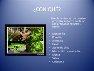 ¿CON QUÉ?
Para la realización de nuestro
proyecto, nosotros contamos
con productos naturales
como:
• Manzanilla
• Romero
• Aguacate
• Limón
• Aceite de oliva
• Miel aceite de almendra
• Menta
• Salvia
• Caléndula