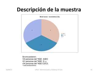 Descripción de la muestra
Se encuestaron;
•33 personas del *NSE A/B/C
•01 personas del *NSE D, y
•34 personas del *NSE C2/C3.
** nivel socioeconómiconivel socioeconómico
16/09/17 15UPLA - Administración y Sistemas IV Ciclo 
 