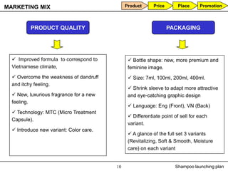 MARKETING MIX                                 Product      Price       Place     Promotion




          PRODUCT QUALITY                                          PACKAGING




   Improved formula to correspond to           Bottle shape: new, more premium and
  Vietnamese climate,                          feminine image.
   Overcome the weakness of dandruff           Size: 7ml, 100ml, 200ml, 400ml.
  and itchy feeling.
                                                Shrink sleeve to adapt more attractive
   New, luxurious fragrance for a new         and eye-catching graphic design
  feeling.
                                                Language: Eng (Front), VN (Back)
   Technology: MTC (Micro Treatment
                                                Differentiate point of sell for each
  Capsule).
                                               variant.
   Introduce new variant: Color care.
                                                A glance of the full set 3 variants
                                               (Revitalizing, Soft & Smooth, Moisture
                                               care) on each variant


                                         10                          Shampoo launching plan
 