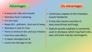 Advantages Dis-Advantages
• It keeps hair silky and smooth.
• Shampoo foam is pleasing.
• It is less toxic.
• Keeps dirt , pollutant , dust and oil away.
• Shampoo is easy to rinse.
• There is minimum skin and eye irritation.
• Free from side effects.
• It repairs damaged hair &
• causes less damage to hair.
• Continuous expose to the shampoo,
causes headache.
• It may also causes sourness in
eyes,nose,throat and lungs.
• Sodium laurate sulphate is commonly
used in shampoo which may harm skin,
eyes and even may be carcinogenic.
 