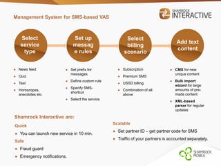 Management System for SMS-based VAS 
Select 
service 
type 
Set up 
messag 
e rules 
Select 
billing 
scenario 
Add text 
content 
● News feed 
● Quiz 
● Test 
● Horoscopes, 
anecdotes etc. 
● Subscription 
● Premium SMS 
● USSD billing 
● Combination of all 
above 
● Set prefix for 
messages 
● Define custom rule 
● Specify SMS-shortcut 
● Select the service 
● CMS for new 
unique content 
● Bulk import 
wizard for large 
amounts of pre-made 
content 
● XML-based 
parser for regular 
updates 
Quick 
● You can launch new service in 10 min. 
Safe 
● Fraud guard 
● Emergency notifications. 
Scalable 
● Set partner ID – get partner code for SMS 
● Traffic of your partners is accounted separately. 
Shamrock Interactive are: 
 