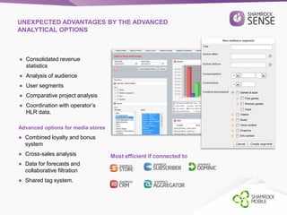 UNEXPECTED ADVANTAGES BY THE ADVANCED 
ANALYTICAL OPTIONS 
● Consolidated revenue 
statistics 
● Analysis of audience 
● User segments 
● Comparative project analysis 
● Coordination with operator’s 
HLR data. 
Most efficient if connected to 
Advanced options for media stores 
● Combined loyalty and bonus 
system 
● Cross-sales analysis 
● Data for forecasts and 
collaborative filtration 
● Shared tag system. 
 