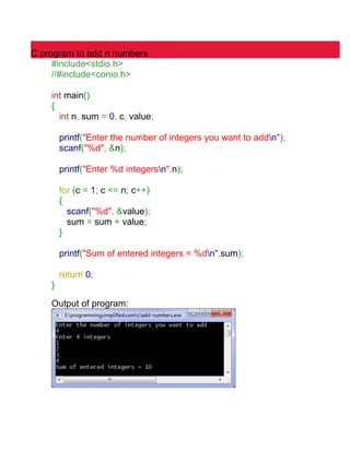 C program to add n numbers | PDF