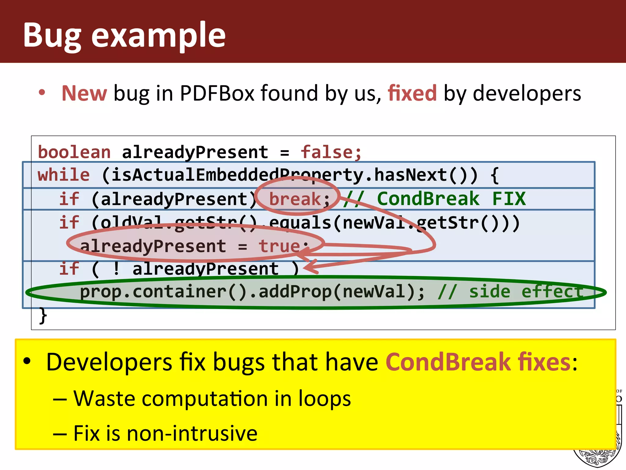 Bug	example	
33
boolean	alreadyPresent	=	false;	
while	(isActualEmbeddedProperty.hasNext())	{	
		if	(alreadyPresent)	break;	//	CondBreak	FIX	
		if	(oldVal.getStr().equals(newVal.getStr()))	
				alreadyPresent	=	true;	
		if	(	!	alreadyPresent	)	
				prop.container().addProp(newVal);	//	side	effect	
}	
•  New	bug	in	PDFBox	found	by	us,	ﬁxed	by	developers	
•  Developers	ﬁx	bugs	that	have	CondBreak	ﬁxes:	
– Waste	computaEon	in	loops	
– Fix	is	non-intrusive	
 