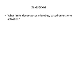 Questions
• What limits decomposer microbes, based on enzyme
activities?
 