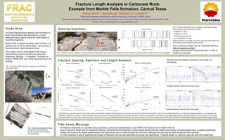 Fracture Length Analysis in Carbonate Rock:
Example from Marble Falls formation, Central Texas.
Study Area
The Early Pennsylvanian Marble Falls Formation in
North-Central Texas was deposited in a broad
carbonate ramp system during the initial stages of
Ouachita orogenesis.
Marble Falls Formation at certain parts of Texas, e.g.
northern part of the fort Worth Basin, has become a
fractured-driven, tight-oil resource play.
The studied outcrop of the Marble Falls shows
extraordinary exposure of fractured carbonate
pavements. Bedding ~ 10 degrees. Fractures are
striking ~WNW-ESE, and nearly perpendicular to the
bedding.
Take-home Message
Xiang Shana*, Qiqi Wangb, Stephen E. Laubachb
a PetroChina Hangzhou Research Institute of Geology, Hangzhou 310023, China
b Bureau of Economic Geology, Jackson School of Geosciences, The University of Texas at Austin, Austin TX 78713, USA
*Author for correspondence: wangqiqi@utexas.edu
Outcrop Scanlines
A
B
Fig 2. Stereonet showing the strike
of fractures. Set all fractures
dip=90 degrees since real dip is
not measurable.
Fig 1. Outcrop location (left) and scanlines A and B setup,
orientated (right).
N
B
A
Fig 3. Scanline outcrop. Scanline set perpendicular to fracture set and measured from south to north. Scanline A is to the west of scanline B, the two are parallel.
Fig 4. Fracture occurrence versus distance (stick) plots. Shows
where fractures are along the scanlines.
- Length of A: 7.05m
- Length of B: 5.61m
- # of fractures from A: 50
- # of fractures from B: 44
Relative position and length of scanline stick plots represents real
relationships of the scanlines at the outcrop.
Fracture Spacing, Aperture and Length Analysis
Size of outcrop is larger than all measured fractures.
Rule of measuring length:
Length measured from fracture tip to tip, or ends at
where two fracs join.
Fig 5. Results of fracture aperture and length scaling, relationship between fracture aperture and length, and spacing analysis from scanline A (top 4) and scanline B (bottom 4). Power-law regression applied, with equation and
correlation coefficient reported. On both scanline A and B, aperture and length of fractures can be well described by power law distribution. Impressively, the relationship between length and aperture of the fractures also fits well
with power-law, even with a few outliers included. Truncation and censoring artifacts observed towards the upper and lower ends of size scaling curved. NCC plots indicates relatively weak regularly spaced fractal cluster pattern.
Intensity and Normalized correlation count plots. (by
CorrCount)
- 94 fractures measured on 2 parallel outcrop scanlines, across and perpendicular to one WNW-ESE fractures set in Marble Falls fm.
- Size of outcrop is larger than all measured fractures, with great fracture exposure. Great outcrop quality ensures reliable data quality, including length which is usually problematic.
- Simple rule is set up for length measurement: from fracture tip to tip, or ends at where two fracs join. Although this rule may not work as good at other outcrops.
- On both scanline A and B, aperture and length of fractures can be well described by power law distribution. Fracture length vs. aperture also fits well with power-law.
1.5m
Scanline A intensity (left) and NCC plots (right).
Scanline B intensity (left) and NCC plots (right).
 