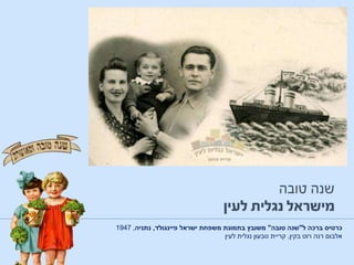 ‫ל‬ ‫ברכה‬ ‫כרטיס‬"‫טובה‬ ‫שנה‬"‫פיינגולד‬ ‫ישראל‬ ‫משפחת‬ ‫בתמונת‬ ‫משובץ‬,‫נתניה‬,1947
‫בקין‬ ‫רוט‬ ‫רנה‬ ‫אלבום‬,‫טבעון‬ ‫קריית‬‫לעין‬ ‫נגלית‬
 