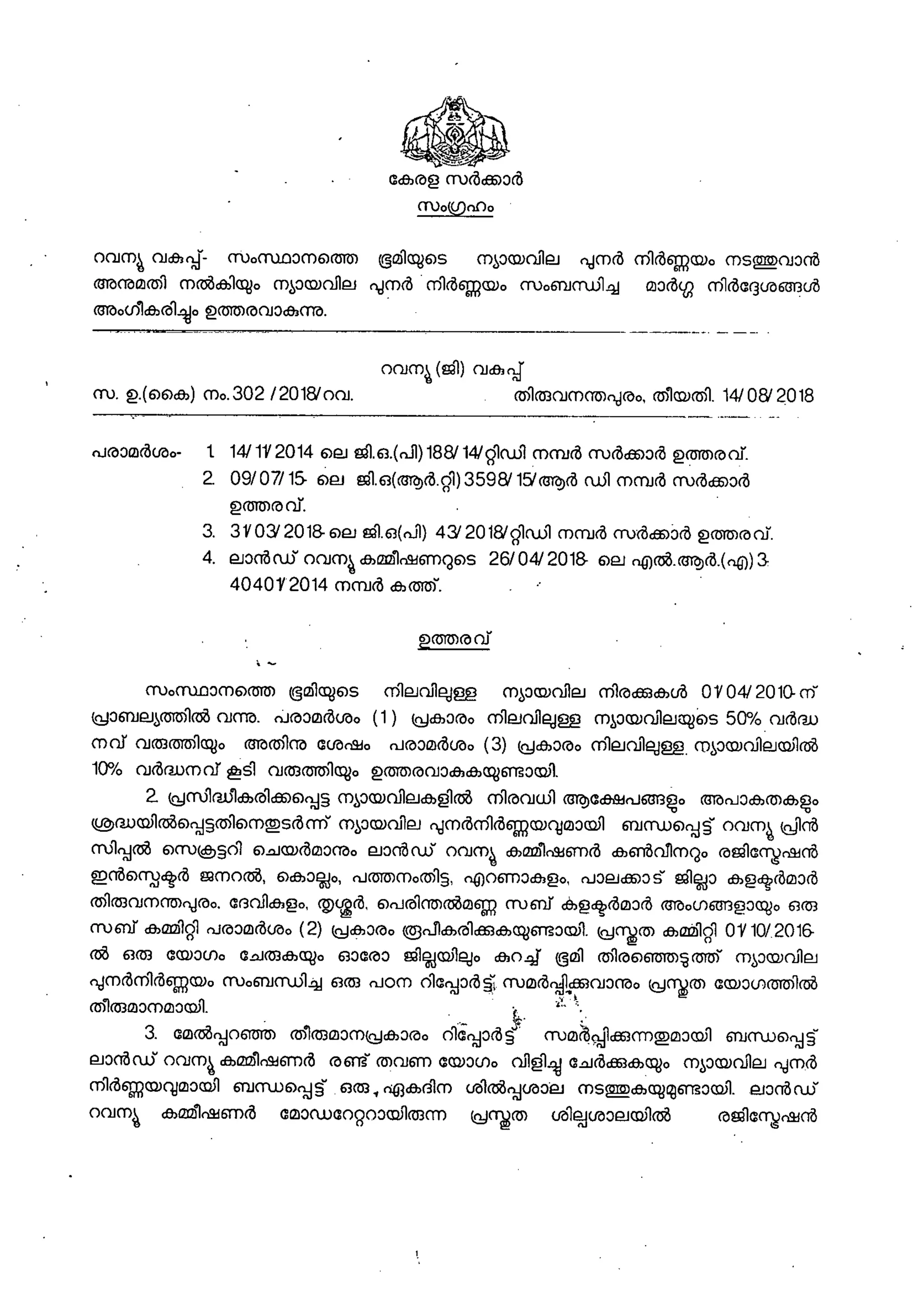 Kerala ReFixing Fair Value of Land Guidelines GORT 302/2018 dt 14